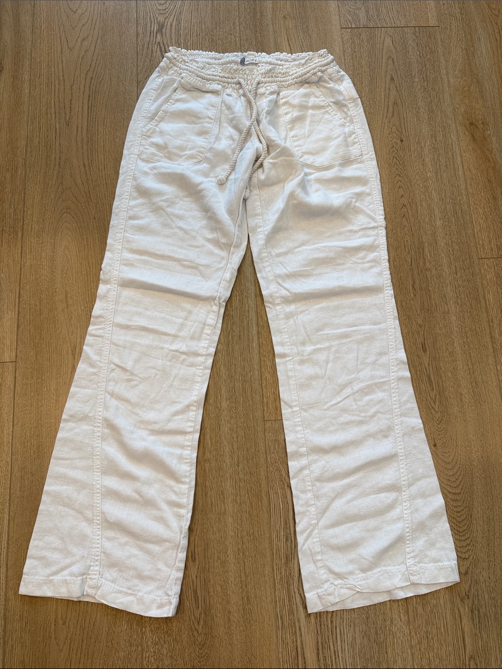 Roxy White Flare Beach Pants Linen with Drawstring Waist Small
